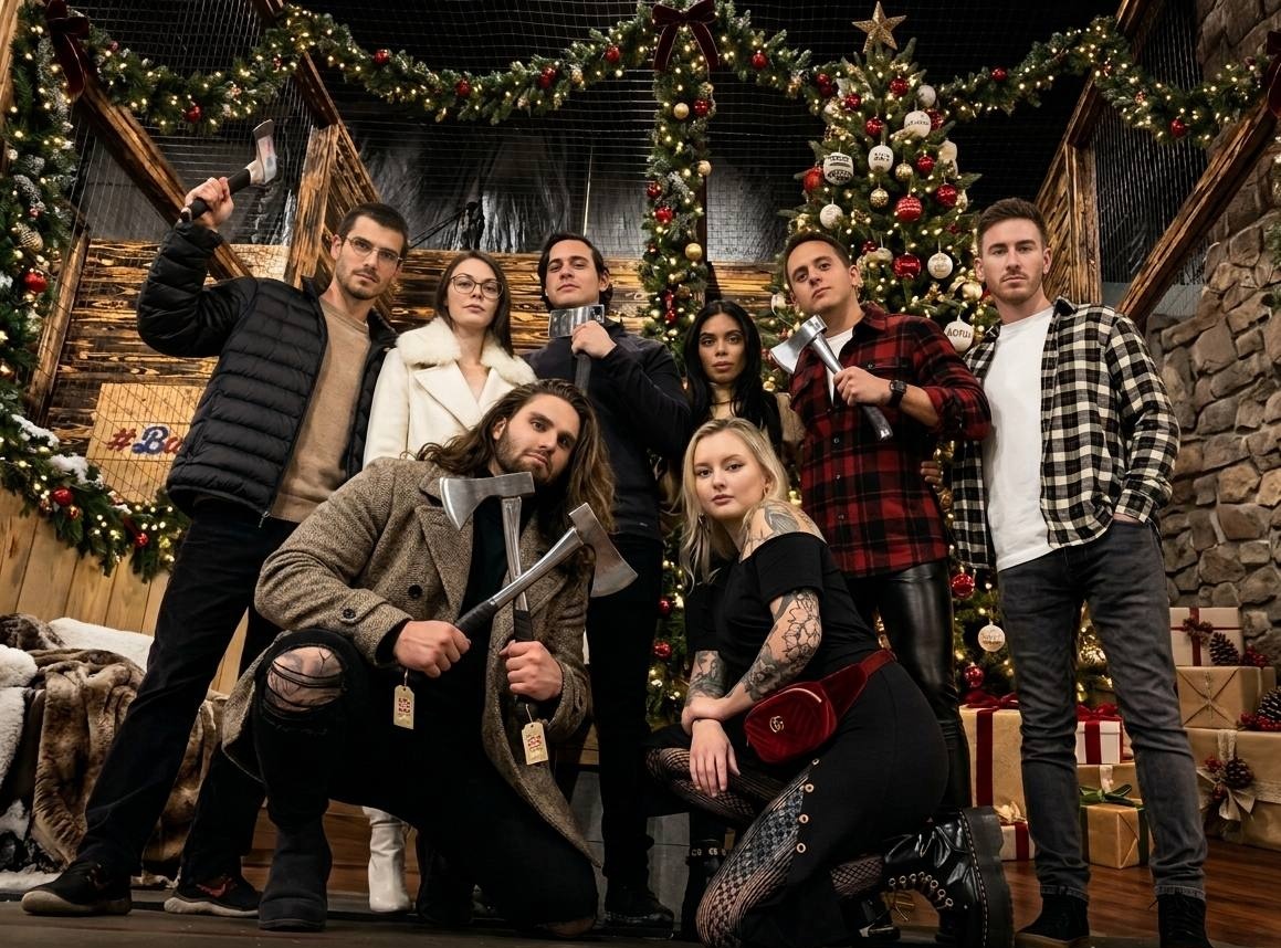 A group celebrating a holiday party at Bad Axe Throwing